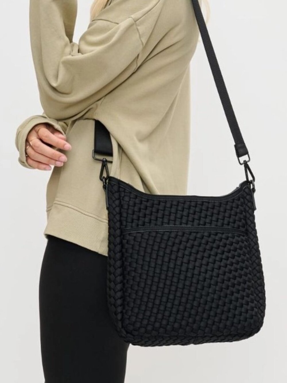 Sol & Selene Kismet Black Woven Neoprene Tote Crossbody Shoulder Handbag NWT